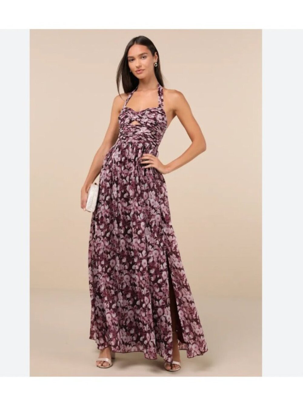 Lulus Dress Womens XL Purple Floral Halter Chiffon Maxi Formal Gown Evening